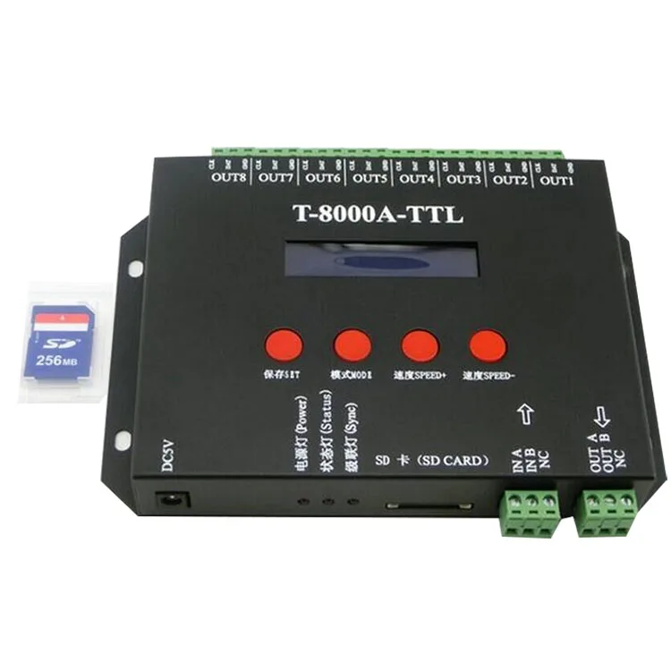 DC5V-24V T-8000A led SD card pixel controller,8ports SPI(TTL)signal output, WS2811/WS2812B/LPD8806/WS2801 Programmable Controlle