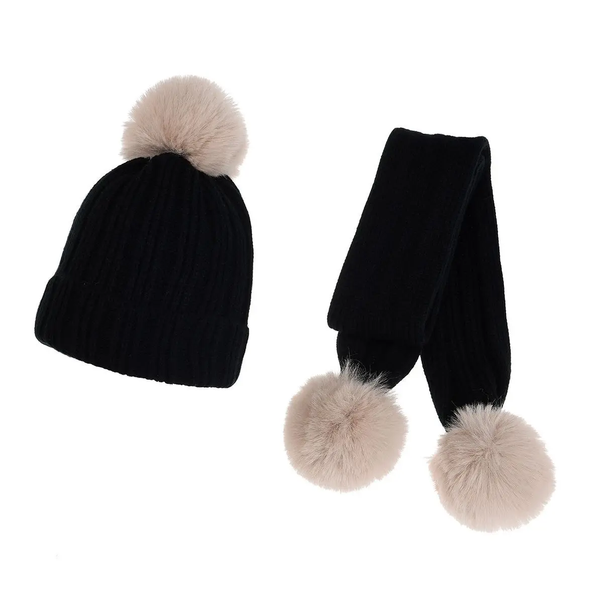 New Drawable Children\'s Pompom Knit Hat Scarf Set Autumn and Winter Boys and Girls Warm Three-piece Set