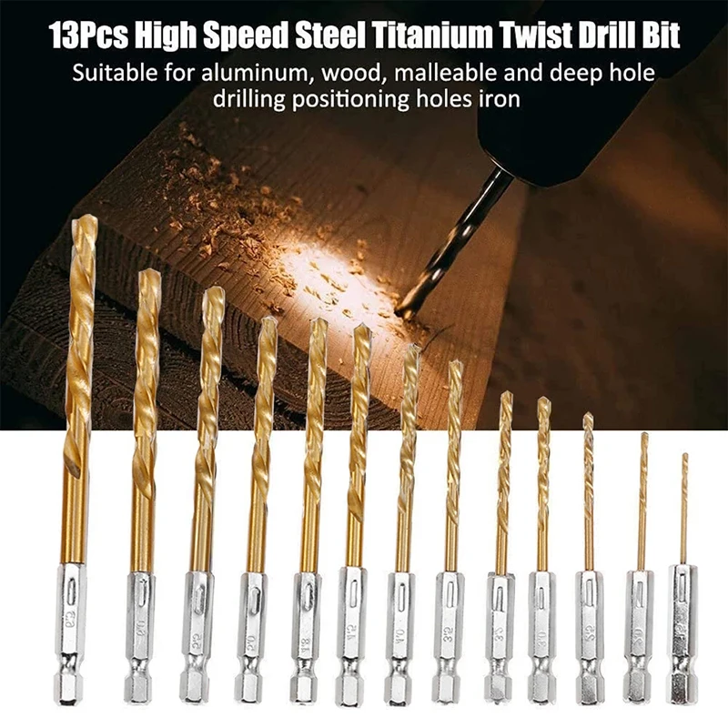 Twist Drill Bit 13pcs/lot 1/4 Hex Shank 1.5-6.5mm HSS High Speed Steel Titanium Coated Drill Bit