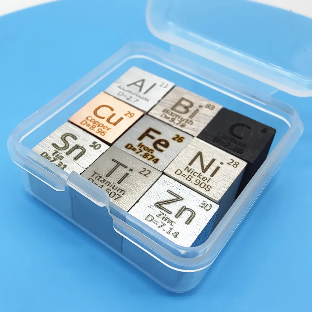 9pcs Element Cube 10mm Metal Density Cubes 99.99% Daily Metals Periodic Table Collection Fe Cu Nickel Titanium Al C Tin Zinc