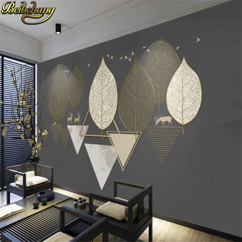 

beibehang custom mural wallpapers for living room Leaves golden embossed lines wall covering tv background landscape wallpaper