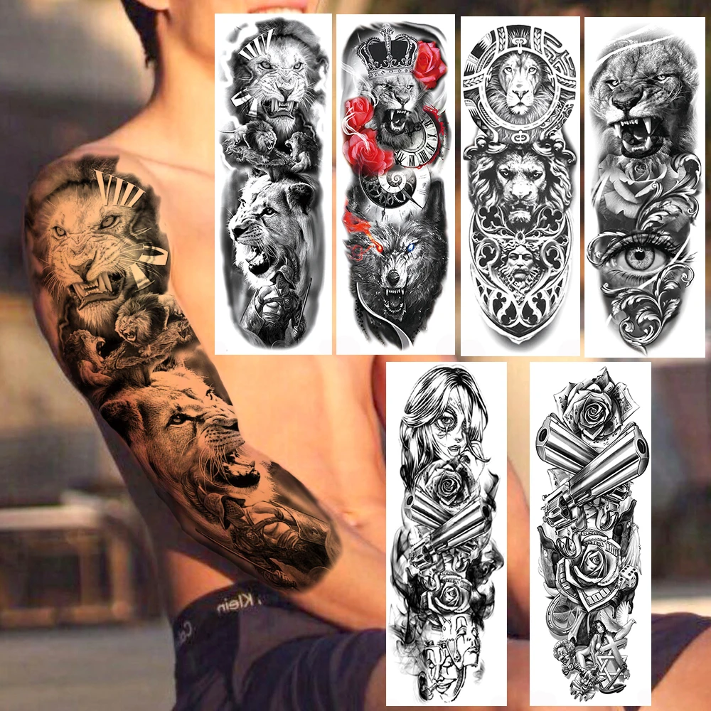 Ferocious Lion Military Temporary Tattoos Realistic Fake Full Arm Dark Angle Gun Rose Long Sleeve Tattoo Sticker For Women Men