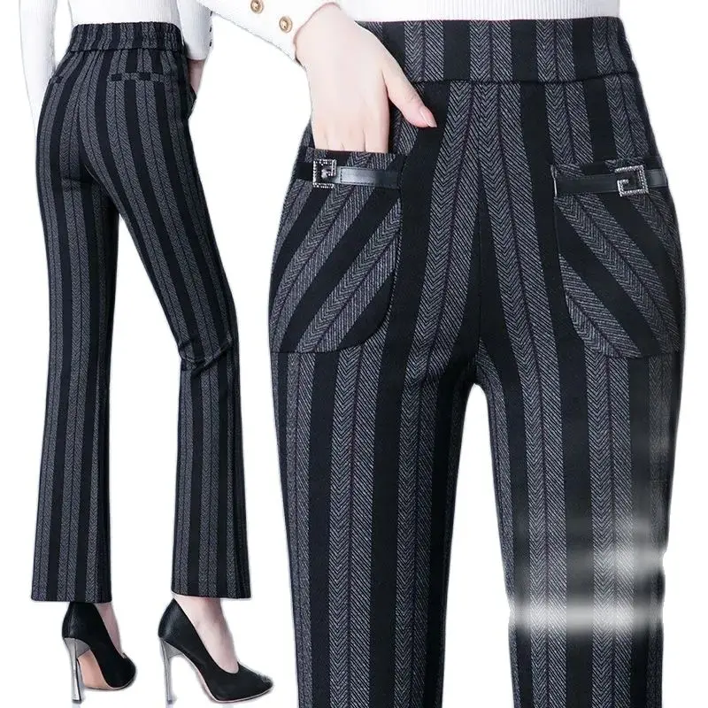 Women Fall Stretch Casual Flared Pants 2024 Female New High-waist Slim Slimming Lattice Fashion Micro-flared Pants Trousers A402