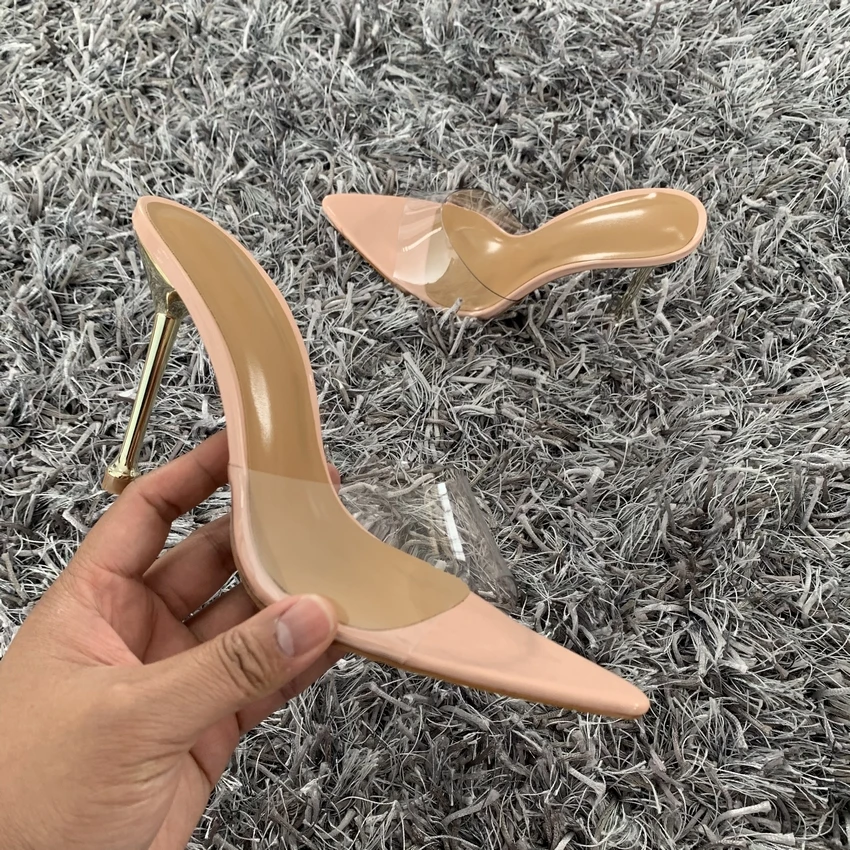 2024 Summer Women Pumps Transparent PVC Slippers Women Pointed Toe Metal Stiletto High Heels Sandals Ladies Mules Shoes