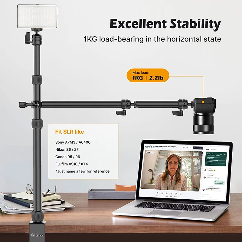 VIJIM LS11 Camera Mount Desk Stand with Flexible Auxiliary Holding Arm Overhead Camera Webcam Table C-Clamp for Photography