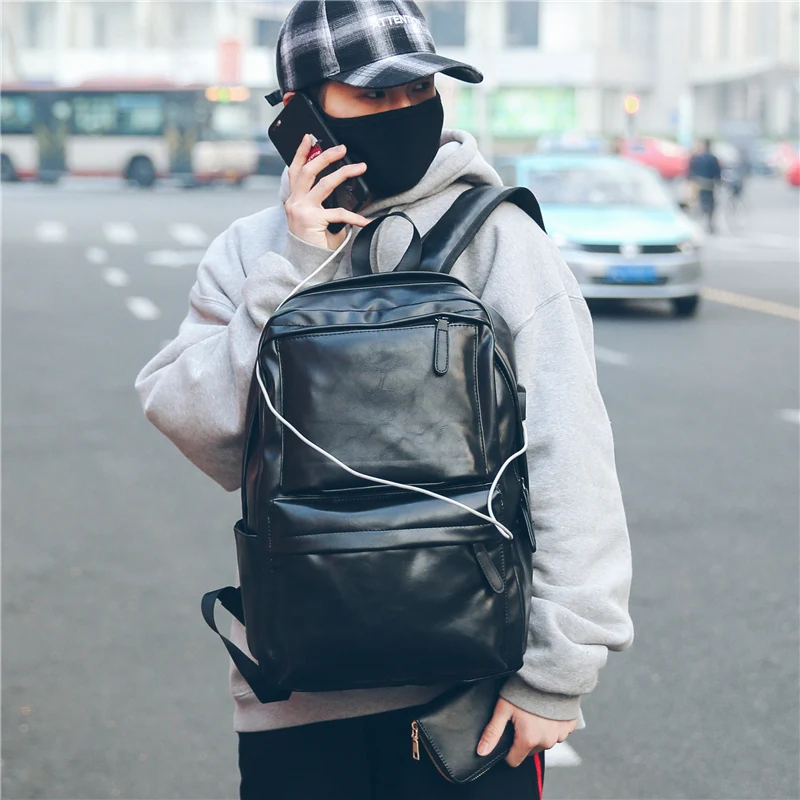 Business Casual Backpacks Travel 2 Bags Black Pu Leather Men\'s Shoulder Bags Teenage Backpack Men Usb Charging Anti Theft