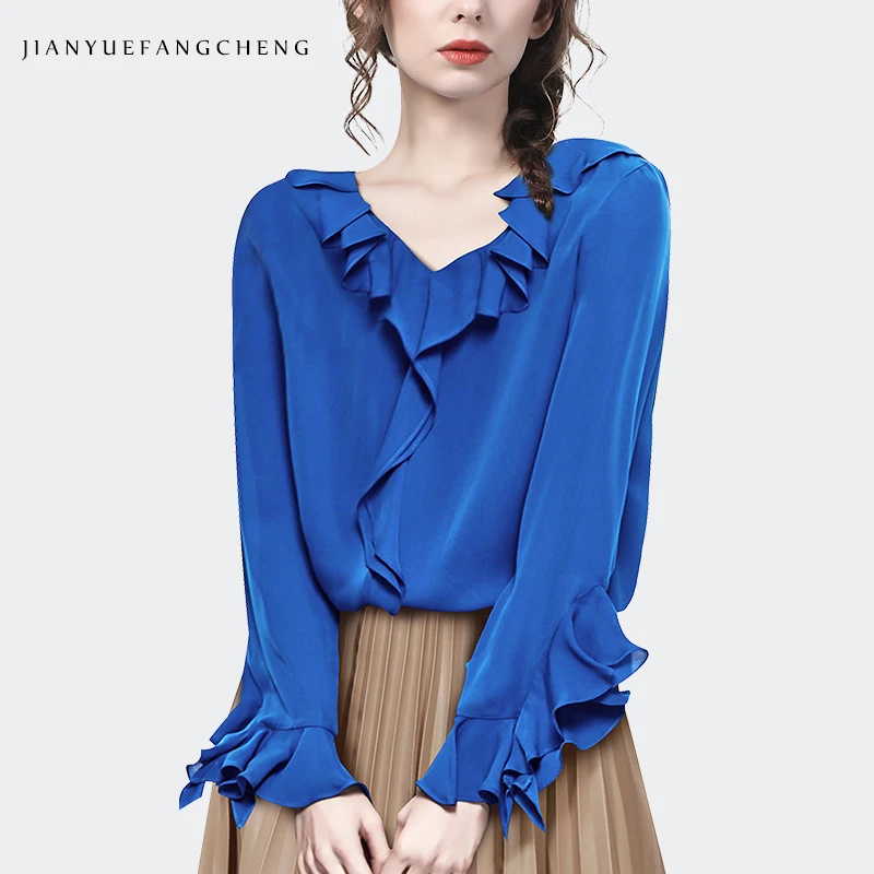 Fashion Butterfly Sleeve V-Neck Women\' Blue Ruffles Shirt Loose Plus Size Spring Summer Tops Soft Cozy Casual Working Blouses