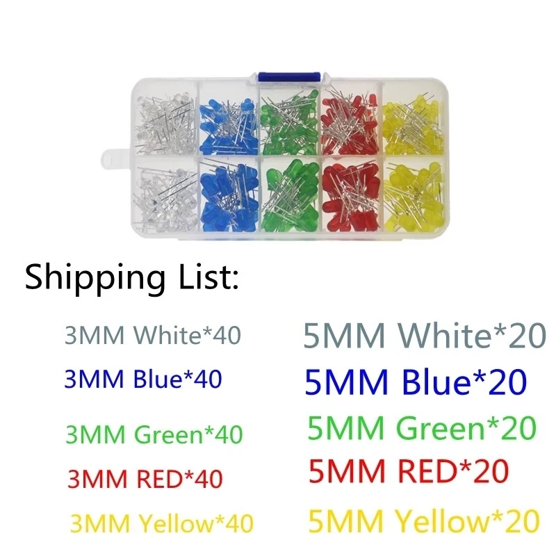 300PCS 500PCS 3mm 5mm LED Light White Yellow Red Green Blue Assorted Kit DIY LEDs Set 3V 20mA