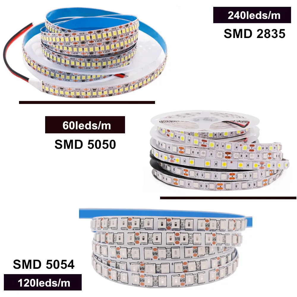 Dc 12v smd 5050 5054 2835 tira conduzida à prova dwaterproof água 6000k 4000k 3000k 60 120 240leds/m flexível fita led fita luz tira lâmpada 5m