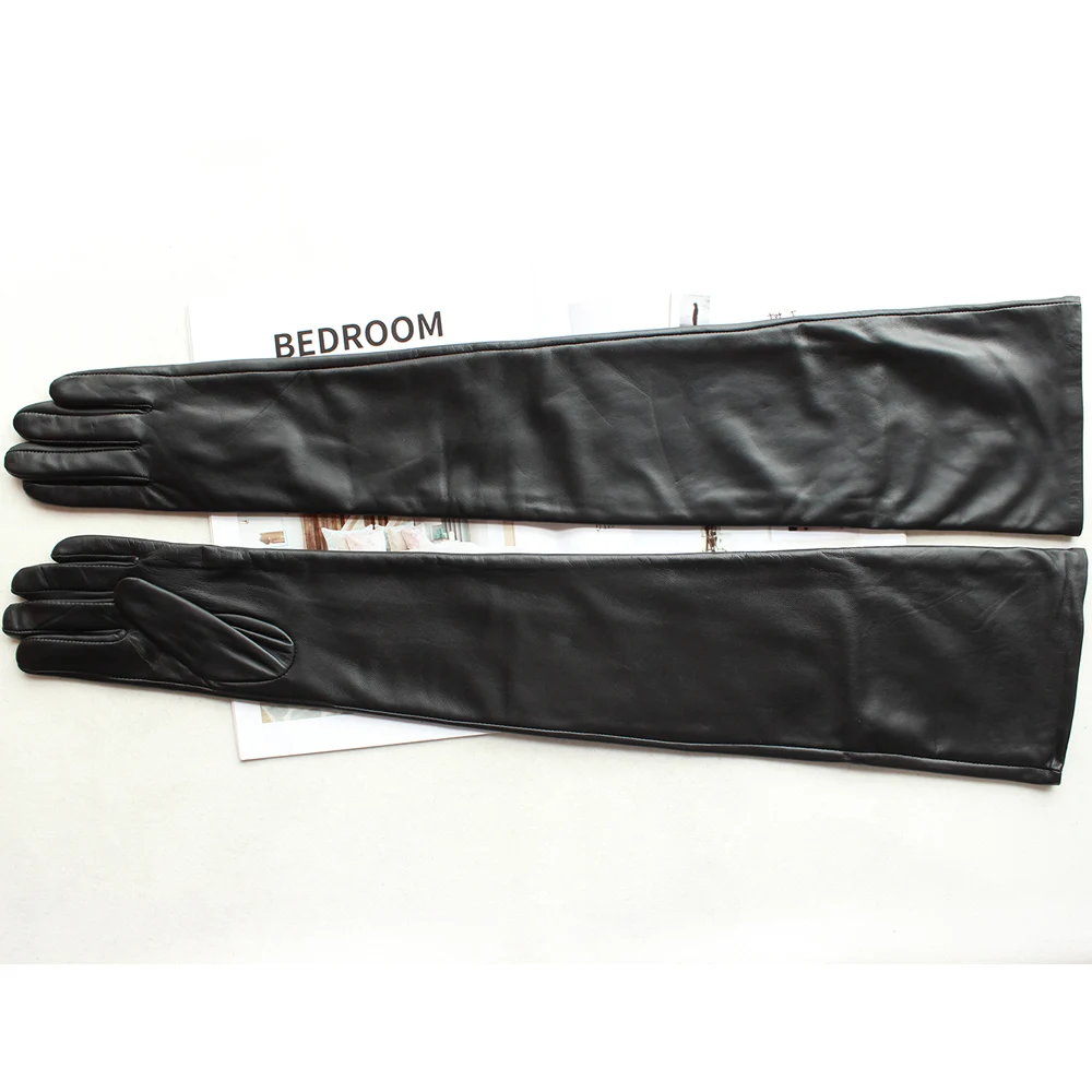 Guantes superlargos de cuero para mujer, manoplas de piel de oveja importada negra, a la moda, de visón de alta calidad, para pantalla táctil, novedad