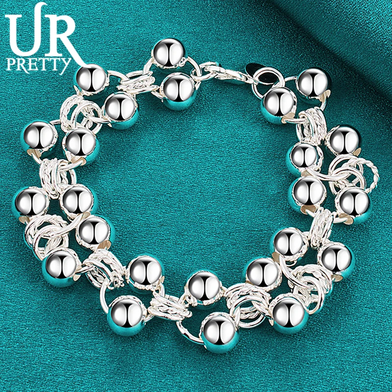 

URPRETTY 925 Sterling Silver Smooth Beads Double Chain Bracelet For Men Women Wedding Engagement Party Jewelry