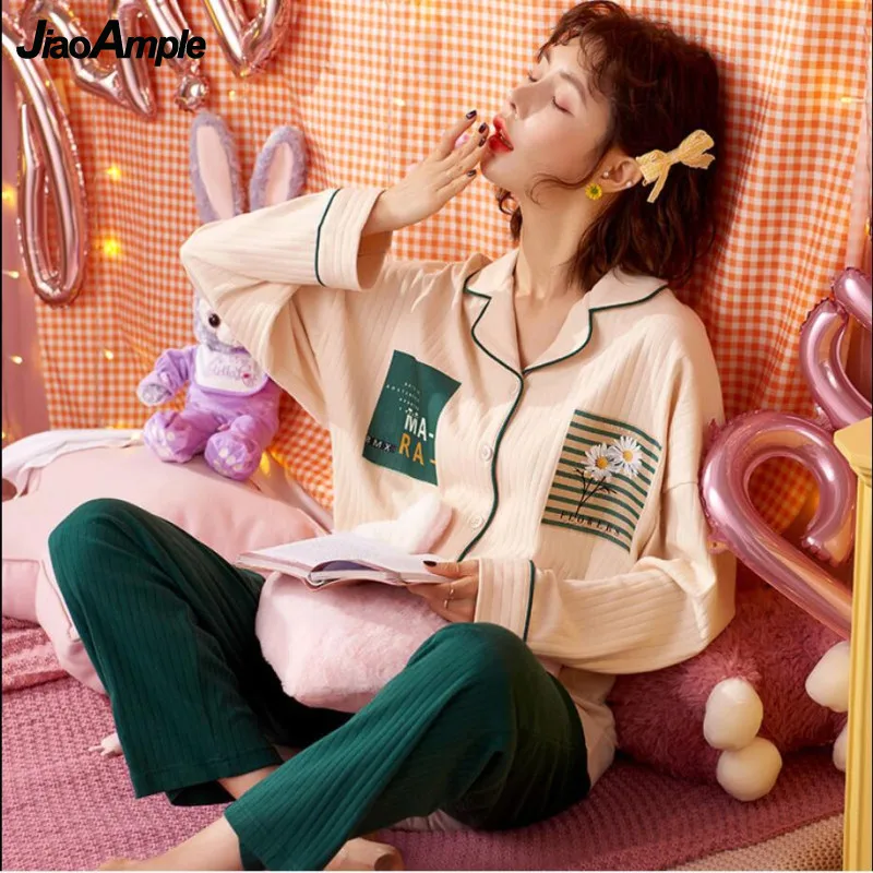 Women's Cotton Pajamas 2022 Spring Autumn Print Casual Pijamas Set Female Cardigan Sleepwear Cute Nightwear Home Clothes Suits