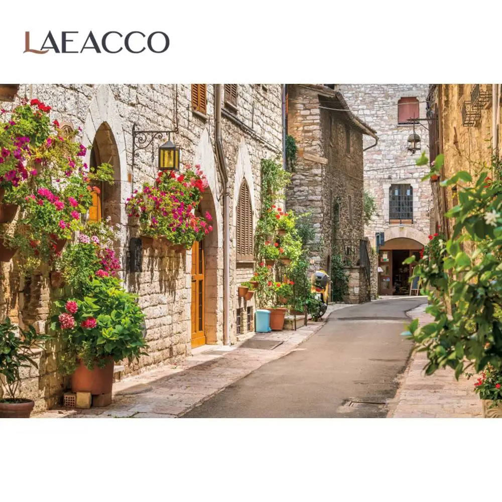 

Laeacco Spring Backdrops Photography Old Town Stone House Potted Flowers Alley Scenic Photo Background Photo Studio Photocall