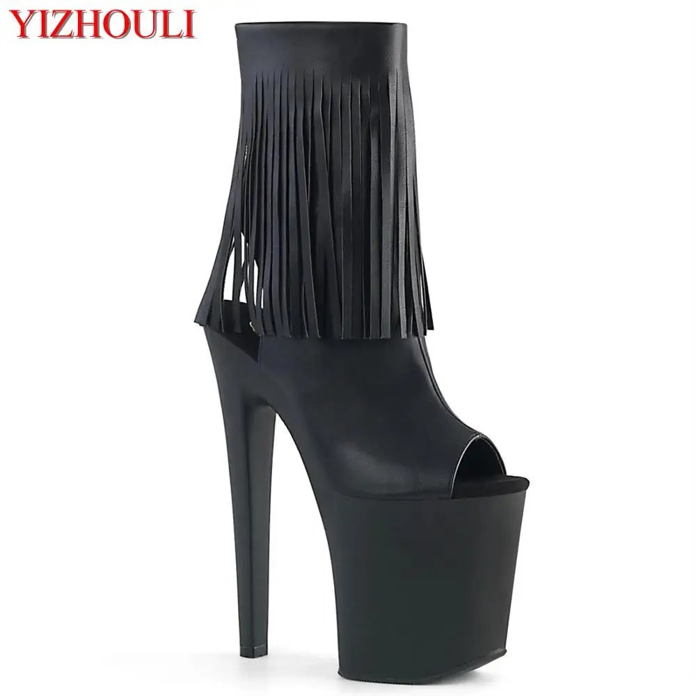 

8-inch, open-toed boot, matte black tasselled upper models use 20cm stiletto heels for parties, pole dancing shoes