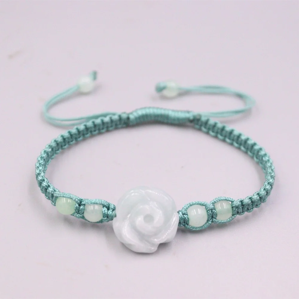 

New Fine White Grade A Jade Jadeite Women 17mm Flower Bead With Blue Rope Weave Bracelet 6.3inch