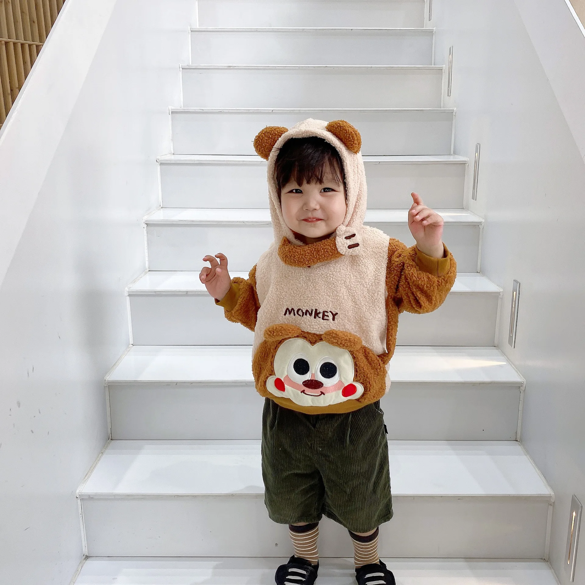 Tonytaobaby Winter Cute Foreign Style Plush Monkey Lion Plush Hoodie Children's Wear