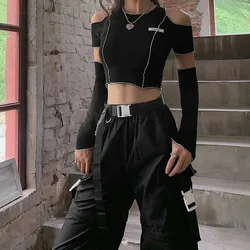 Patchwork preto gótico camisetas femininas, Y2K Crop Tops, babados bainha, Hip Hop Techwear, T-shirt