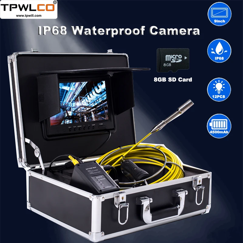 

9inch Screen 20m Cable 23mm Sewer Camera Video Pipe Drain Inspection System, Mini CCTV Camera 8GB SD Card With DVR Recorder