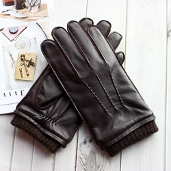 Touch Screen Leather Sheepskin Gloves Men's Winter Thickening Warmth Motorcycle Driving Fashion 2021 New Brown Finger Gloves