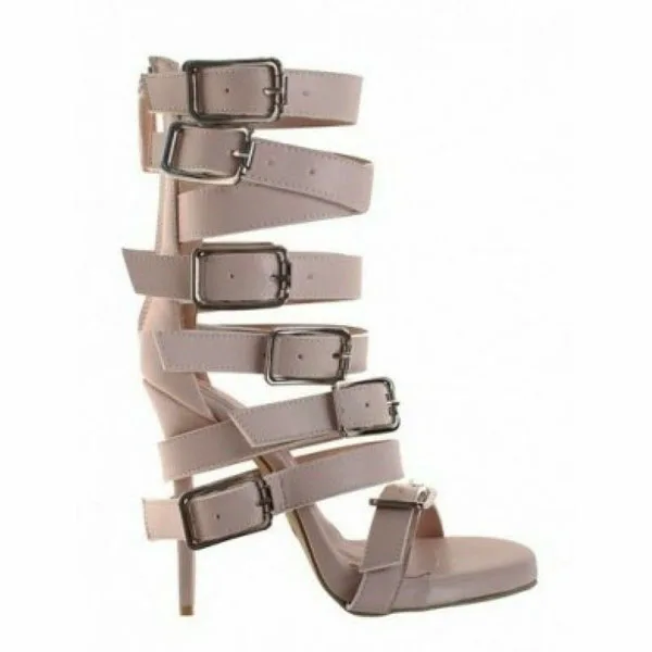 Women Buckle Straps Cut out Sandals Gladiator Belt Fasten Heels Open toe Thin Heels Back Zipper Party High Heels Sandal Booties