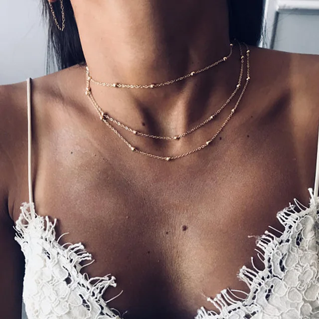 Simple Boho Gold Color Chain Beads Choker Necklace Women Layerd Chocker Necklaces For Women collar collier collares kolye