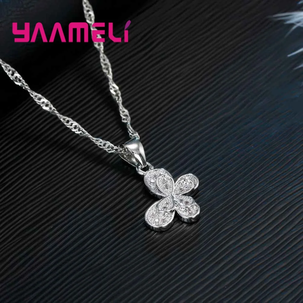 100% Real 925 Sterling Silver Jewelry Sets For Women Gifts Cubic Zirconia Inlay Paved Butterfly Bridal Necklace Earrings