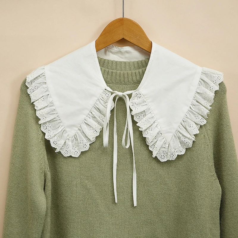 

Women Cotton Fake Collar Shawl Wrap Hollow Out Floral Lace Ruffled Trim Necklace Pointed Triangle Lapel Blouse Short Capelet