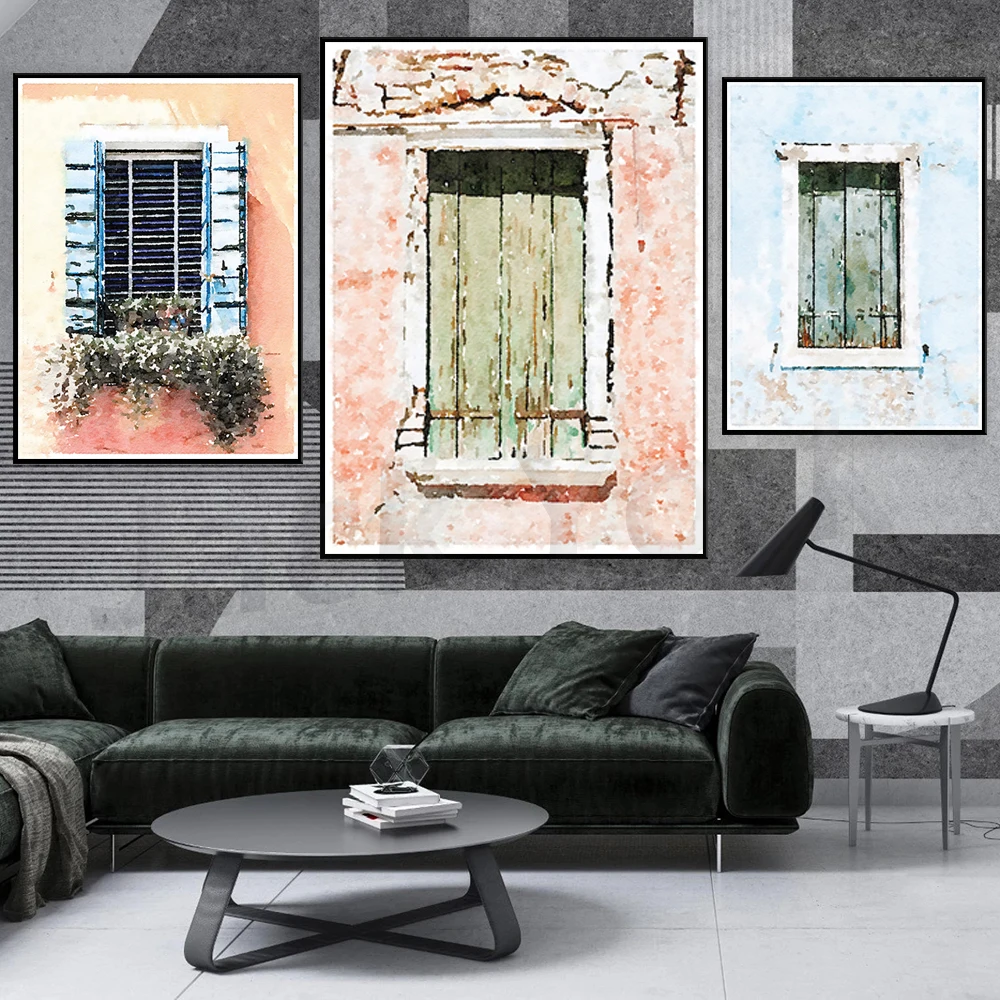 Italy Print  Rustic European Windows  Printable, Vintage Old World Building Street Architecture, Watercolor Gallery Wall Art