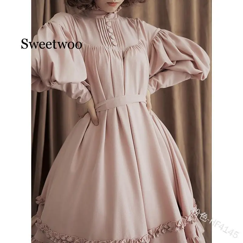 

New Women Solid Color O Neck Long Puff Sleeve Buttons Large Swing Midi Lolita Dress