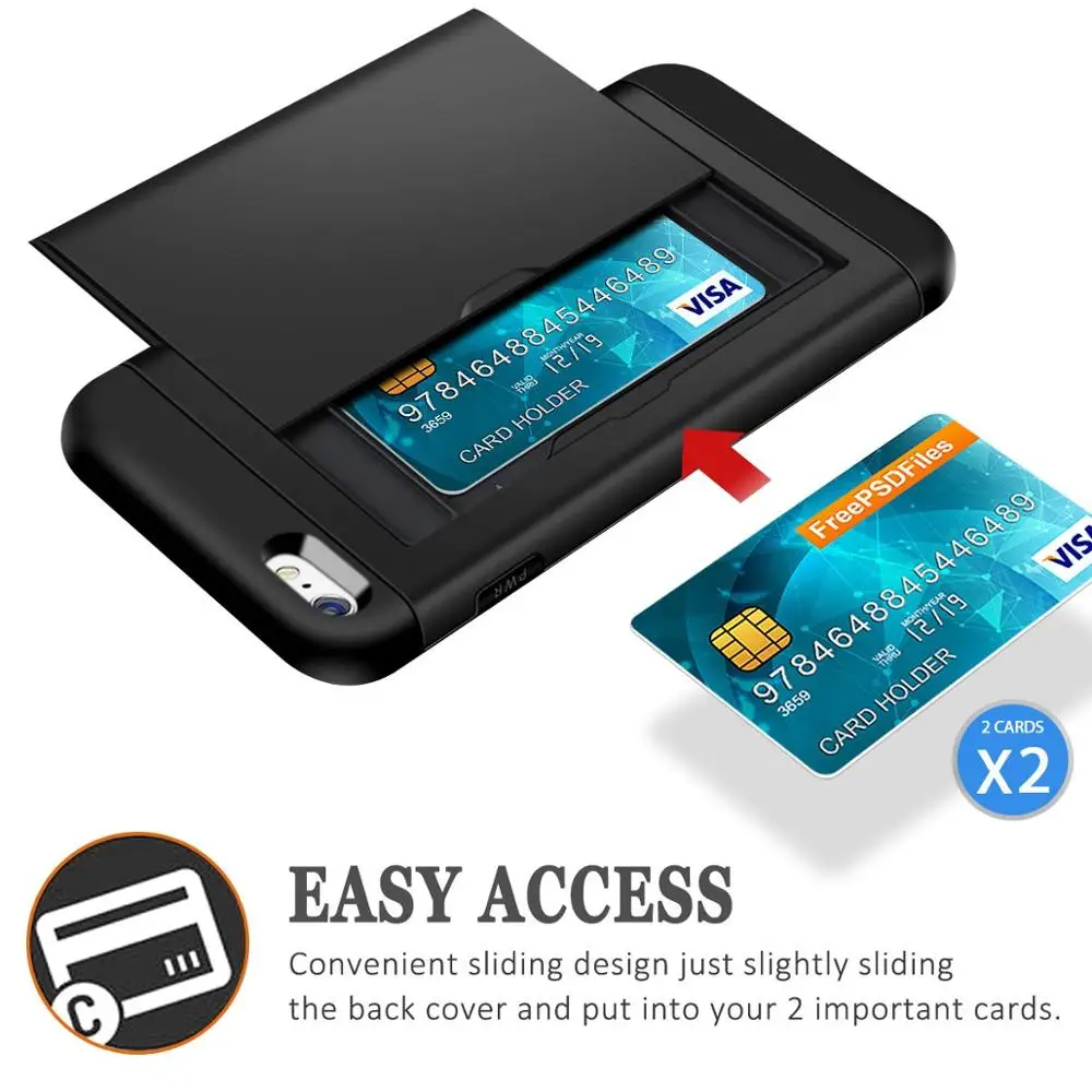 Credit Card Holder Slot Sliding Back Cover for iPhone, Case for iPhone 7, 7Plus, XR, XS MAX, 11 Pro, 8, 8 Plus, 6 Plus,SE 2020