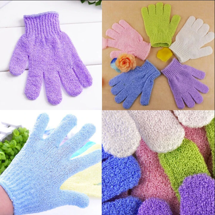 2PCS Exfoliating Mitt Bath Shower Scrub Tan Dead Skin Removal Exfoliator Elastic Five-Finger Bath Gloves Random color T1582