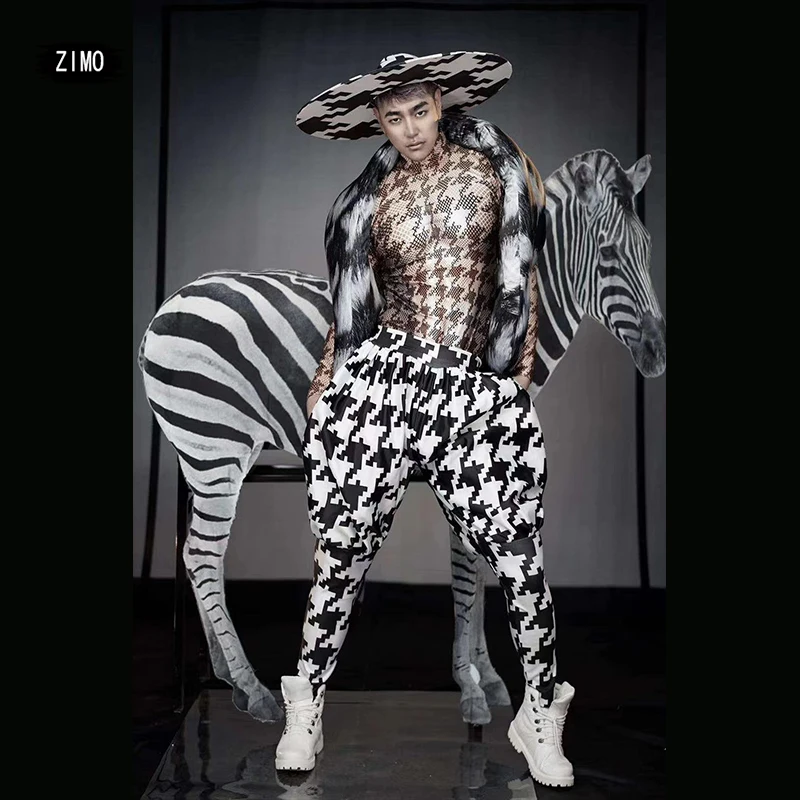 Suit Women 3 pieces Modern Festival Party Zebra Stripe Print Sexy Pole Dj Singer Stage Houndstooth Rave Dance drag queen Clothes