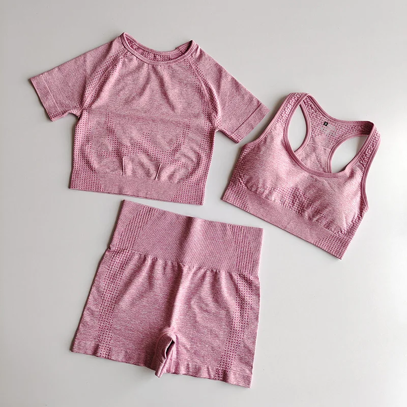 3PCS Seamless Women Yoga Set Sportswear Gym Clothing Fitness Sports Bra Crop Top Short Sleeve High Waist Leggings Sports Suit