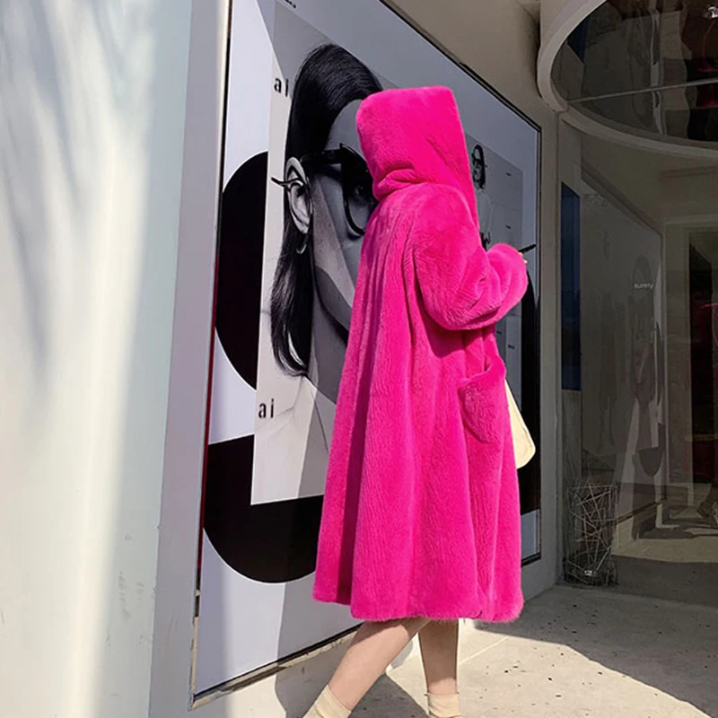 Ftangaiur New Winter Import Velvet Mink Fur Coat With Fur Hood Rose red Mink Coat Women X-Long Natural Real Mink Fur Coats