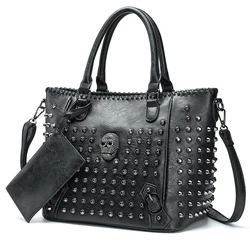 Annmouler New Rivet Women Bag Pu Leather Crossbody Bag Purse Skull Handbag Quality Punk Shoulder Bag with Wallet Messenger Bag