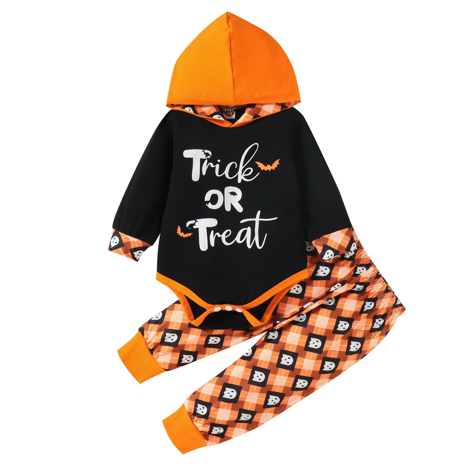 Newborn Baby Clothes 2021 Halloween Set Black Printed Pattern Long Sleeve Hooded Romper Plaids Print Pants Children's Clothing