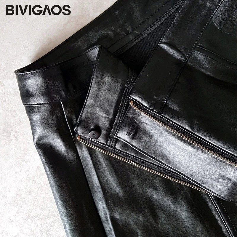 BIVIGAOS-PU mini saia de couro com anel grande para mulheres, saia linha A, cintura alta, moda coreana, primavera, outono, inverno, nova