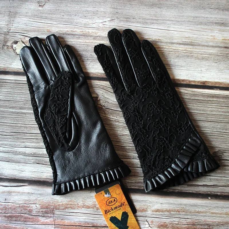 Guantes de piel de oveja para conducir, guantes de cuero para pantalla táctil, de una sola capa, sin forro, finos, a la moda, estilo de encaje