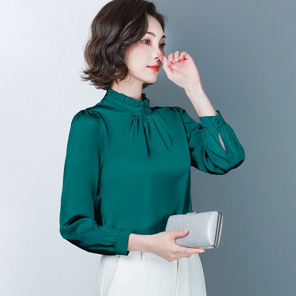 New Fashion Woman Blouses 2024 Long Sleeved Women\'s Shirts Satin Blouses Office Work Wear Tops Ruffles Stand Collar Shirts Femme