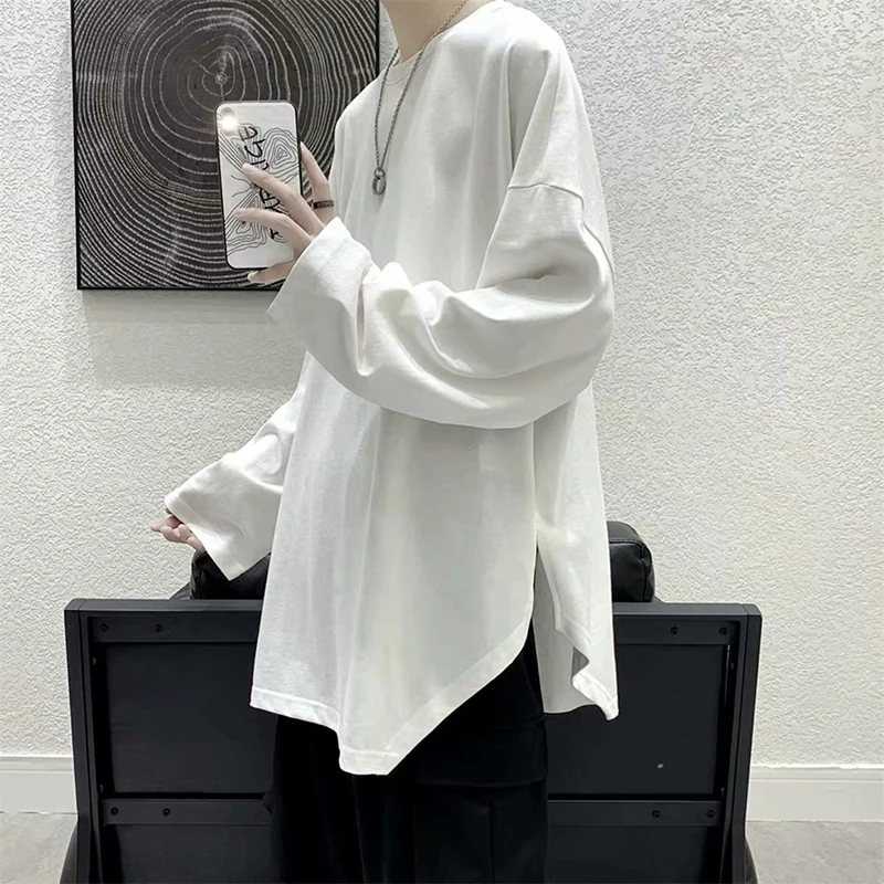 Irregular Loose Long Sleeve Men Tshirt Split Fork Fashion All-Match Solid Color Spring Summer Tops Oversized Japanese Streetwear