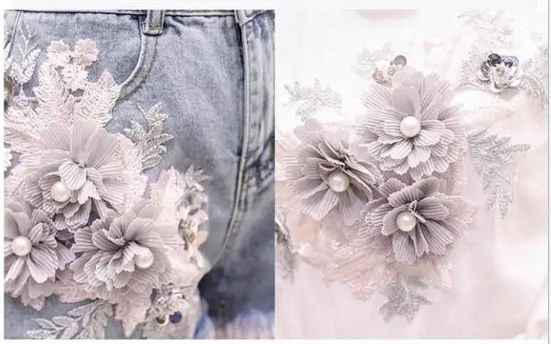 Women Beaded 3D Flower Cotton Tshirts + Denim Short Pant Costumes Suits Summer Short Sleeve Tshirts XZ052