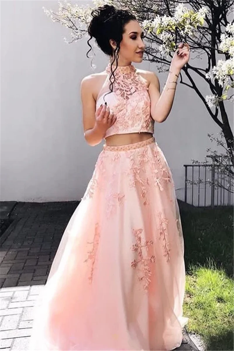 Flush Roze Prom Dress Applique Twee Stukken A-lijn Halter Kralen Tulle Elegante Mouwloze Illusion Avondjurk Вечернее Платье