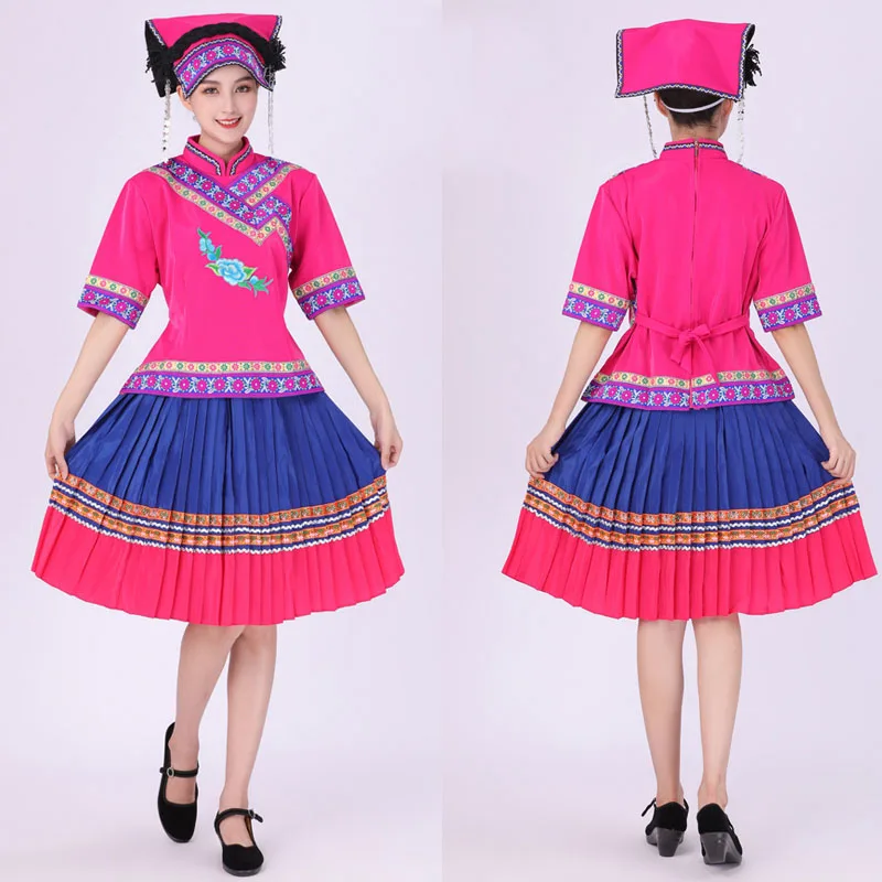 

Hmong Clothes Ethnic Style stage wear Embroidery Folk Dance Performance Costume Women Miao Clothing with hat