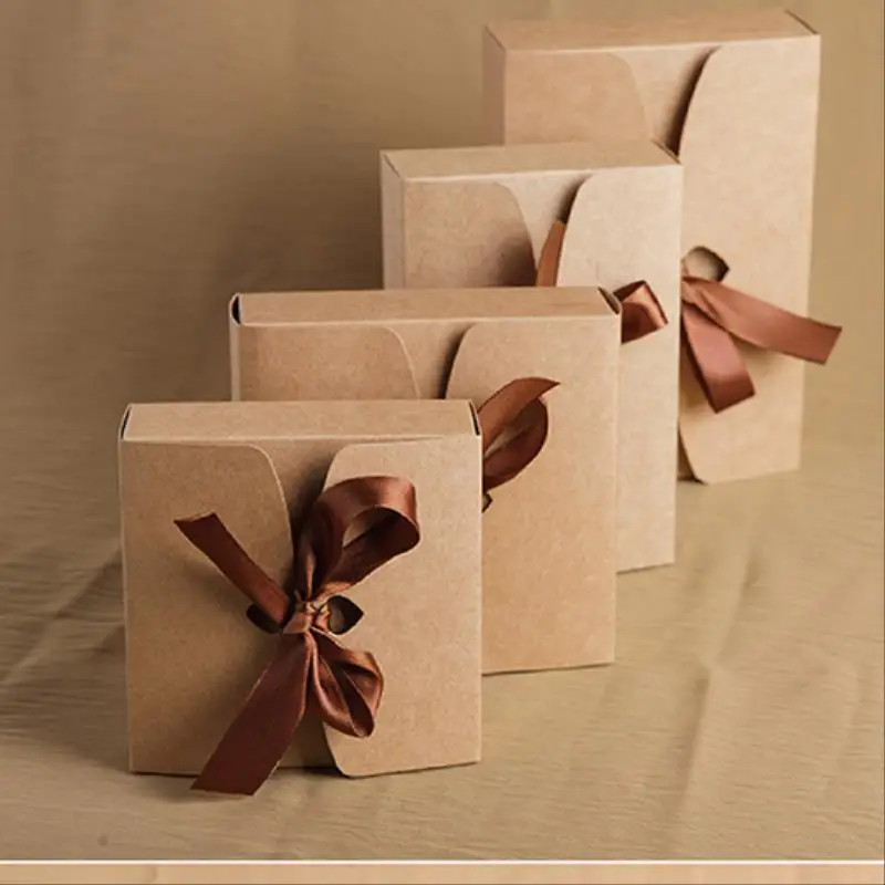 5 Size Kraft Paper Box With Ribbon Blank Cookies Cake Box Candy Chocolate Box Wedding Party Paper Gift Box 100pcs/lot