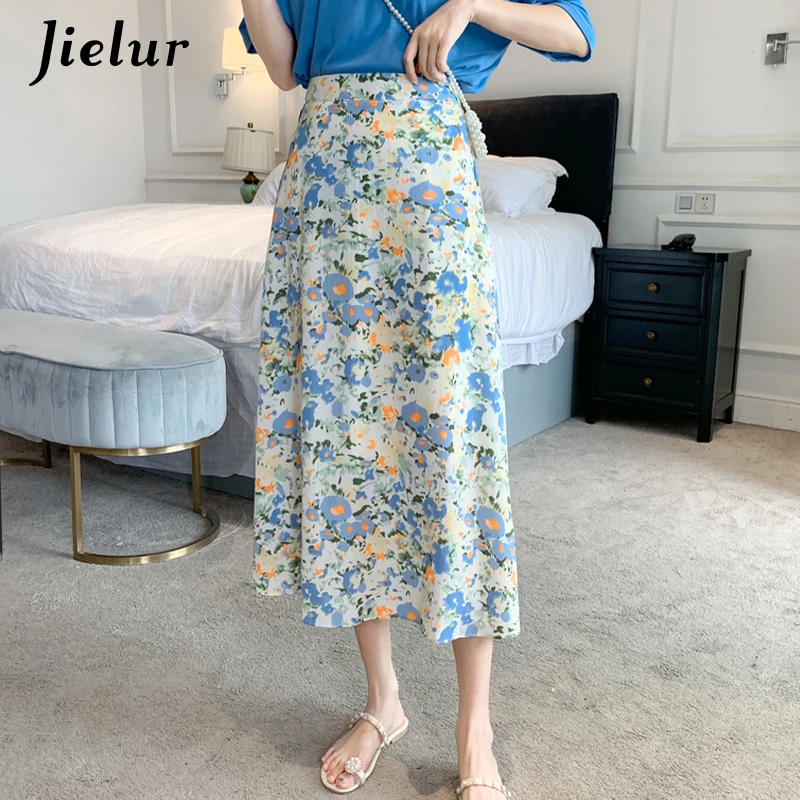 Jielur 2021 Fashion Floral Chiffon Rock Weibliche Lose A-linie Hohe Taille frauen Röcke Romantische Ölgemälde Druck Dame Faldas