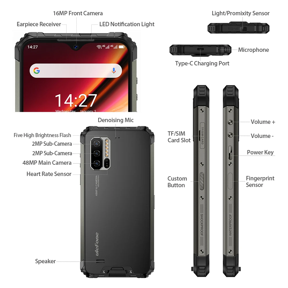 Ulefone Armor 7 โทรศัพท์มือถือ Android 10 2.4G/5G WiFi 8GB + 128GB Helio P90 IP68 48MP CAM 4G LTE Global Version สมาร์ทโฟน