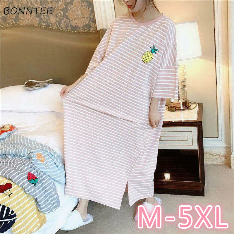 Nightgowns Women Mid-calf Striped Printed Plus Size 5XL Loose  Korean Casual Lovely Girls Sleep-shirts Comfortable Fashion Daily