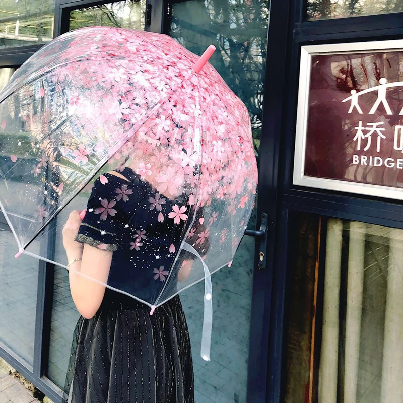 Apollo Princess Romantic Sakura Umbrella Transparent Umbrella EVA Women Rain Sun Umbrella Long Handle Straight Stick Umbrella