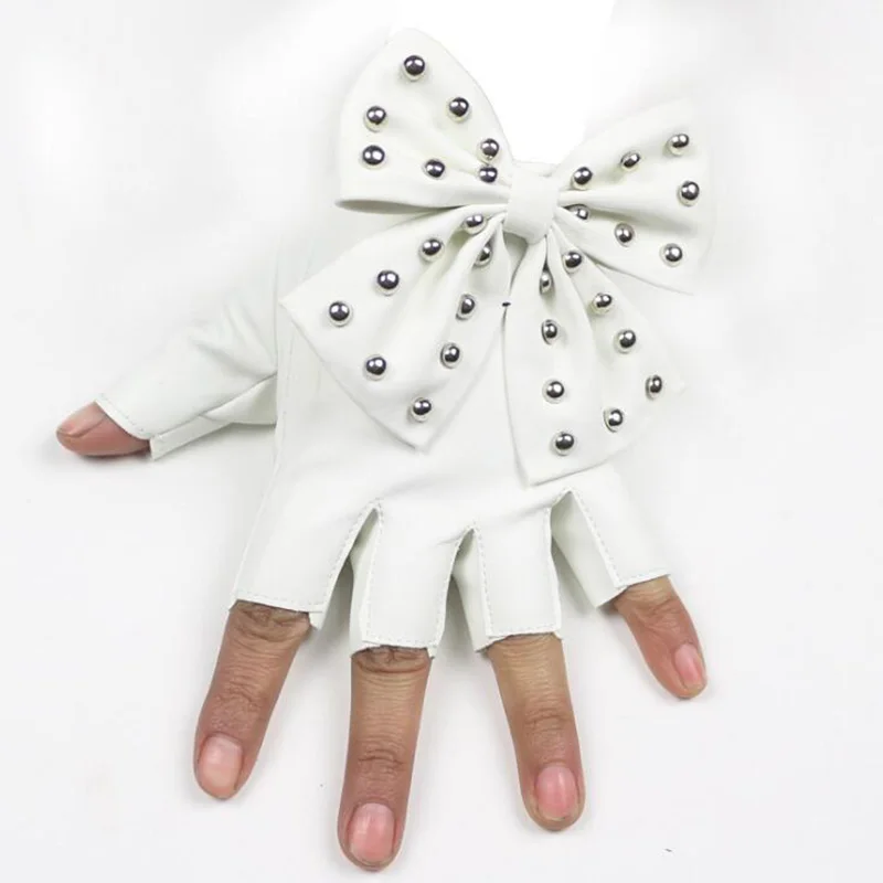 

Fashion Female Half Finger Punk Rivet Dance Gloves Women Sport Fitness PU Leather Bow Mittens Fingerless Glove S83