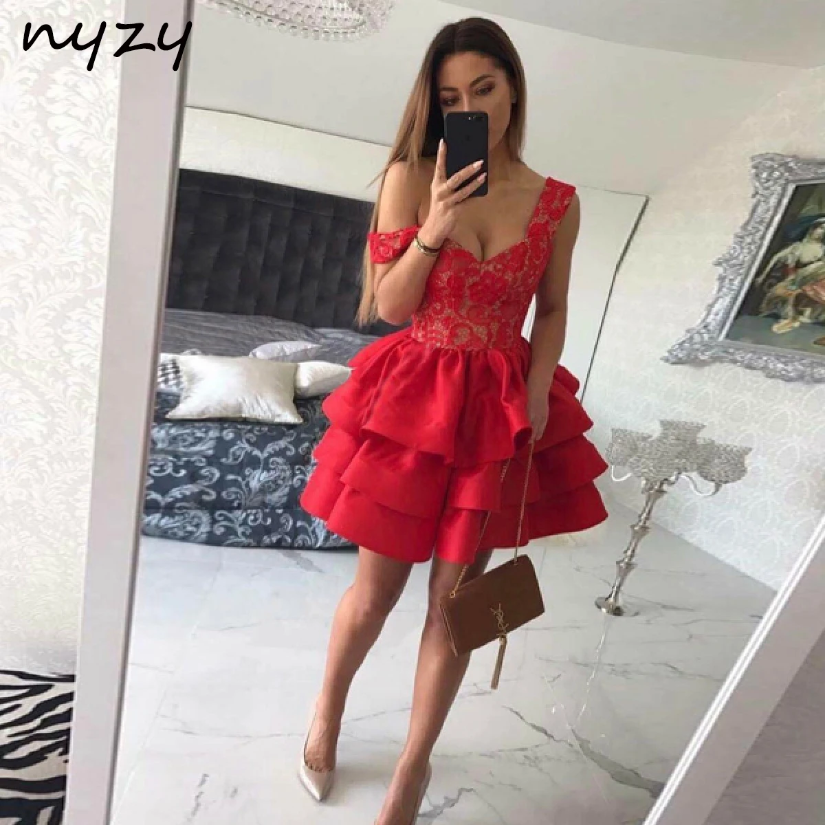 C52 NYZY Ballkleid Satin Red Short Prom Kleider 2021 Party Kleid Cocktail Graduation Homecoming